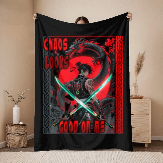 Cyberpunk Samurai with Dragon Throw Blankets