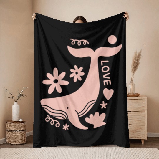 Whimsical Pink Whale with Floral Accents Throw Blankets