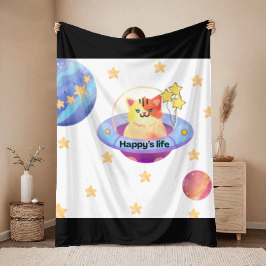 Whimsical Cat in Space with Star Balloons Throw Blankets