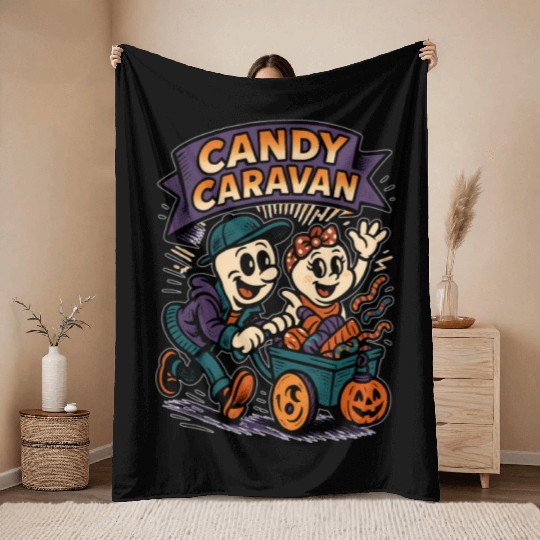 Candy Caravan Halloween Design Throw Blankets