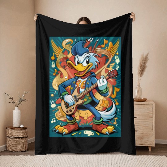 Energetic Duck Guitarist Illustration Throw Blankets