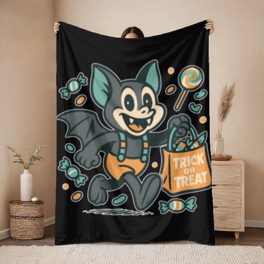 Cute Bat with Candy Bag Halloween Design Throw Blankets