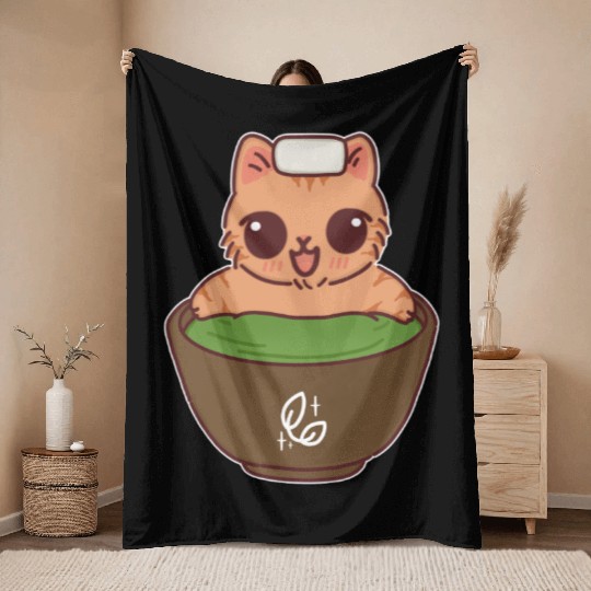 Kawaii Cat in Matcha Onsen Throw Blankets