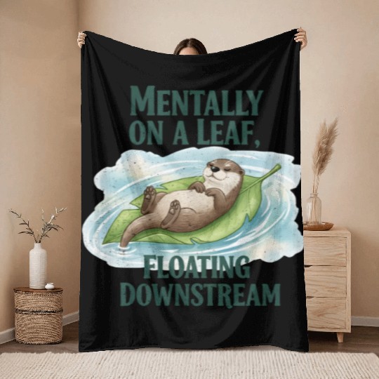 Relaxed Otter on Leaf with Water Ripple Throw Blankets