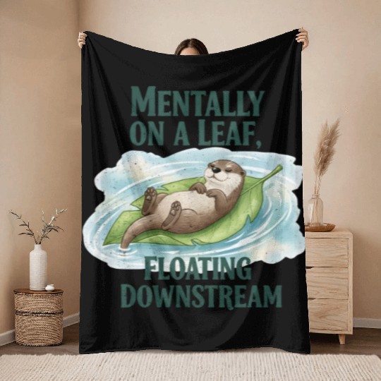 Relaxed Otter on Leaf with Water Ripple Throw Blankets