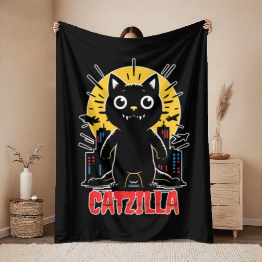 Nighttime City Monster Catzilla Design Throw Blankets