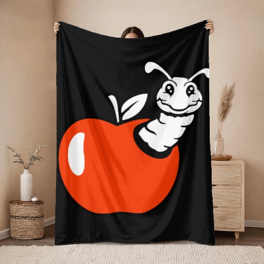 Caterpillar apple fruit peeks out of hole smiles Throw Blankets