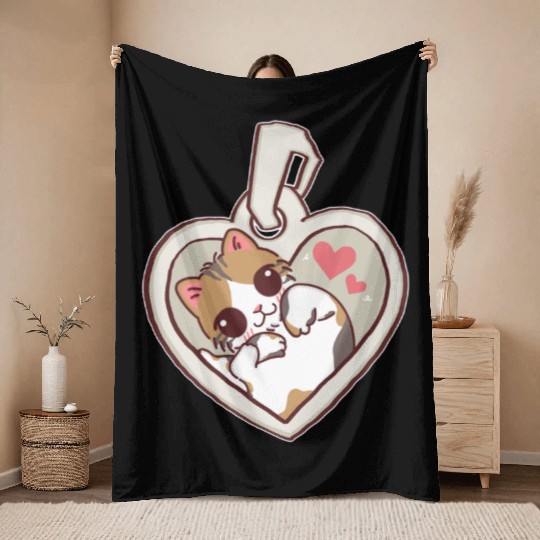 Kawaii Calico Cat Heart Locket Throw Blankets