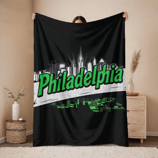 Philadelphia Skyline Neon Design Throw Blankets