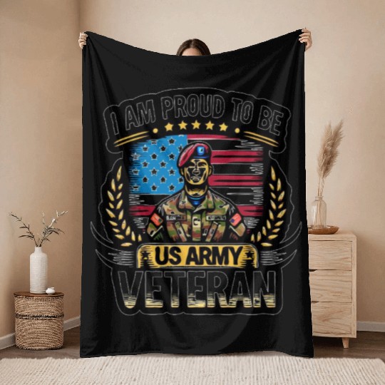 Proud US Army Vet Emblem Throw Blankets