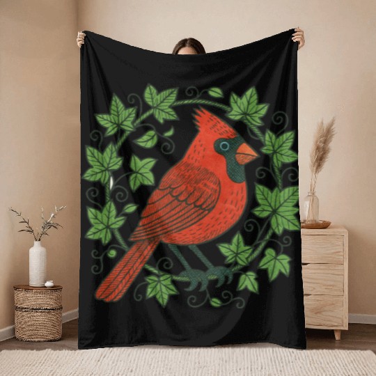 Vibrant Cardinal Amidst Ivy Leaves Throw Blankets