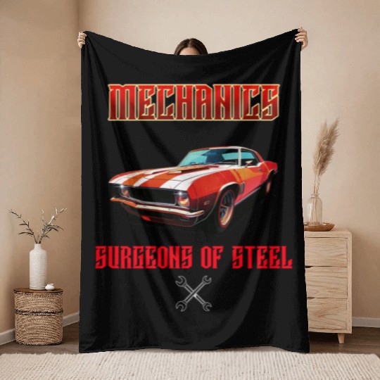 Muscle Car and Steel Mechanics Design Throw Blankets
