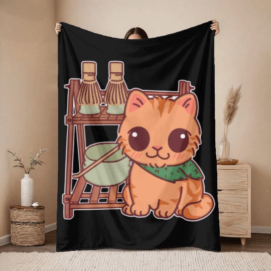 Kawaii Cat at Matcha Station Throw Blankets