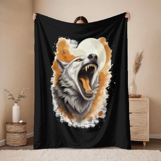 Howling Wolf Under Full Moon Throw Blankets