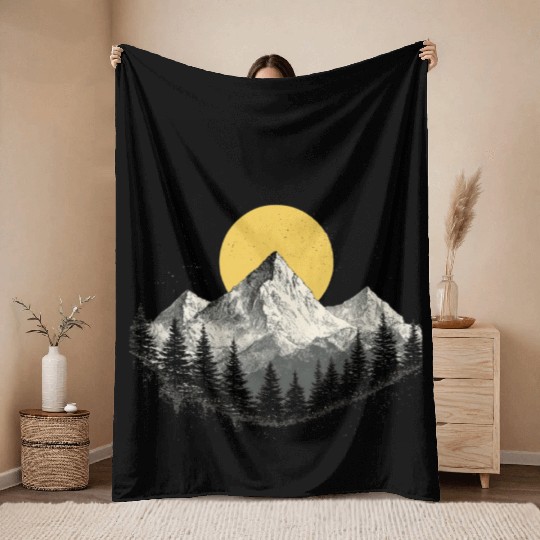 Mountain Silhouette with Full Moon Throw Blankets