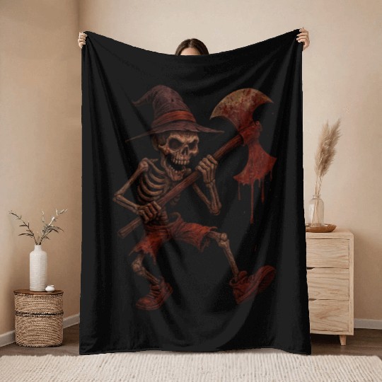 Haunted Skeleton Witch on Battle Axe Throw Blankets
