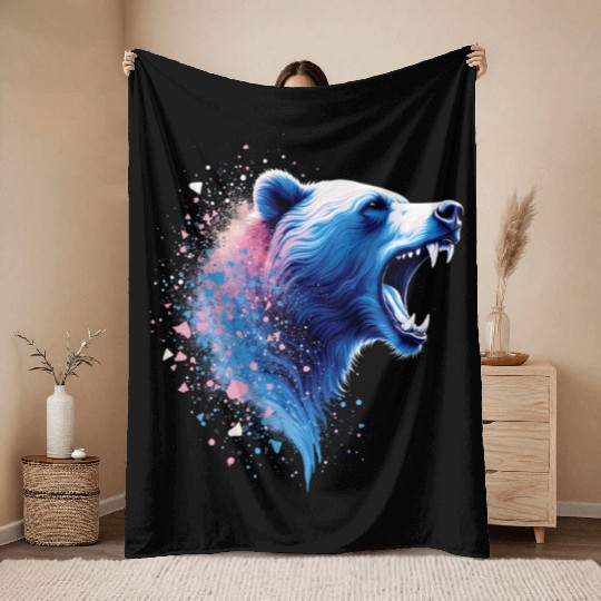 Roaring Bear Head Blue And Pink Throw Blankets
