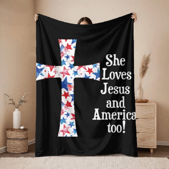 Patriotic Jesus Cross Design Throw Blankets