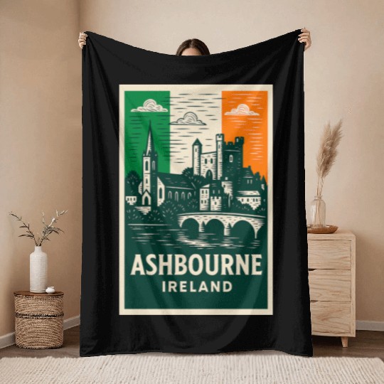 Irish Villagescape with Castle and Church Throw Blankets