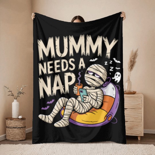 Mummy with Coffee Napping Design Throw Blankets