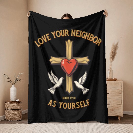 Love Your Neighbor Cross Illustration bible verse Throw Blankets