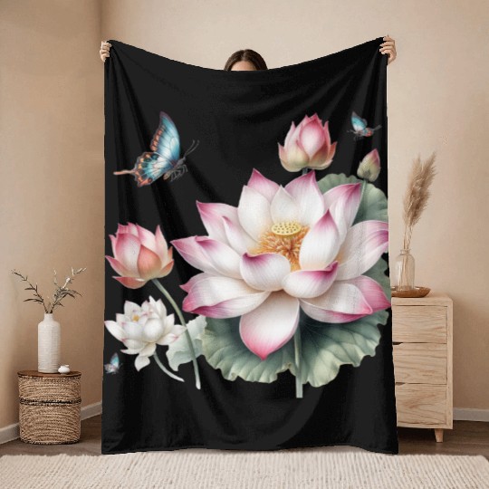 Light Pink Lotus and Butterflies  Throw Blankets