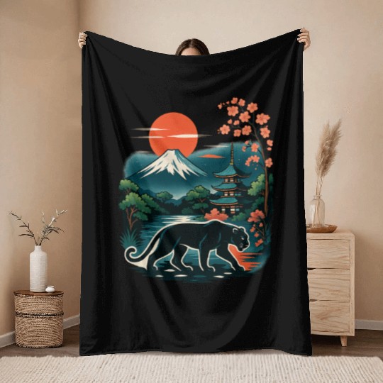Serene Japanese Landscape with Mount Fuji Throw Blankets