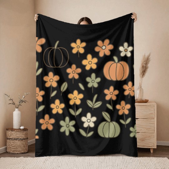 Autumn Pumpkin and Floral Pattern Throw Blankets