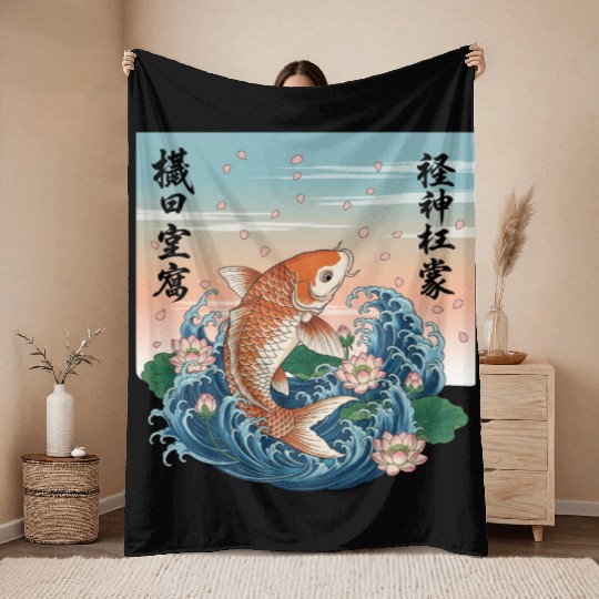 Koi Fish and Lotus Harmony Design Throw Blankets