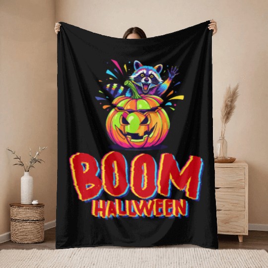 Colorful Raccoon with Pumpkins Halloween Design Throw Blankets