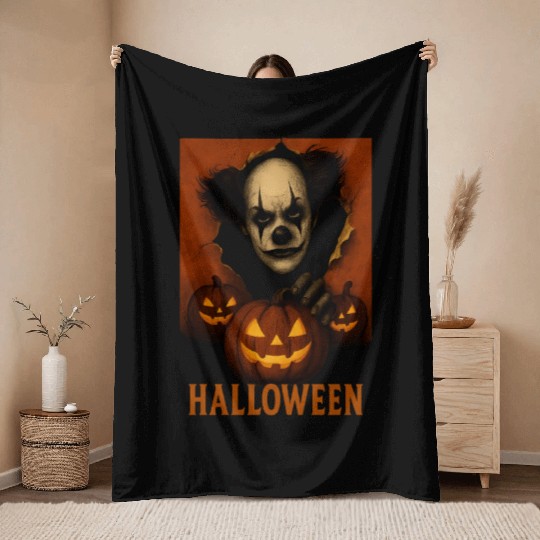 Eerie Clown with Jack-O-Lantern Pumpkins Throw Blankets