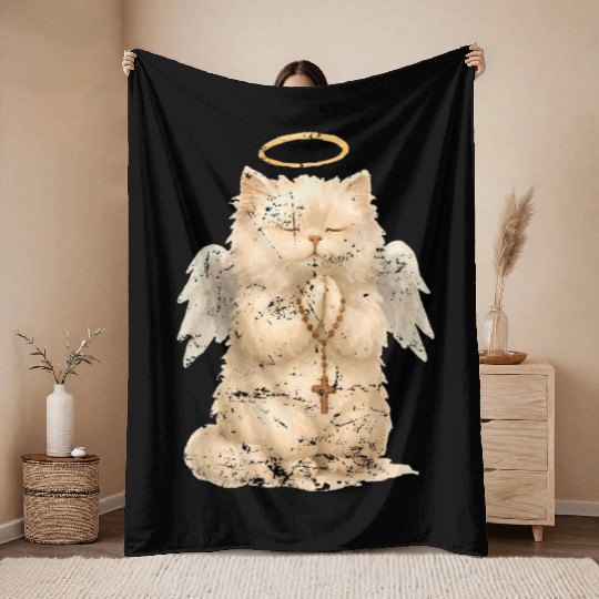 Heavenly Praying Cat with Angel Wings Throw Blankets