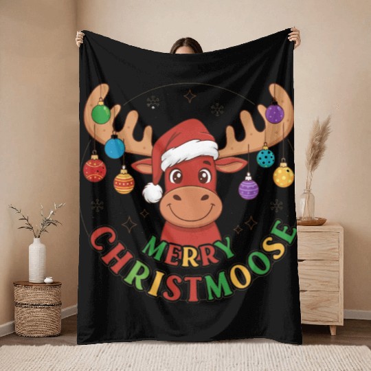 Festive Reindeer with Holiday Ornaments Throw Blankets