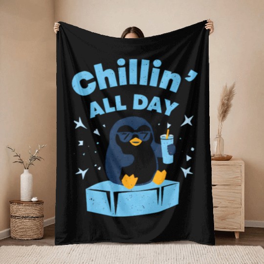 Chillin' Penguin with Sunset Drink Throw Blankets