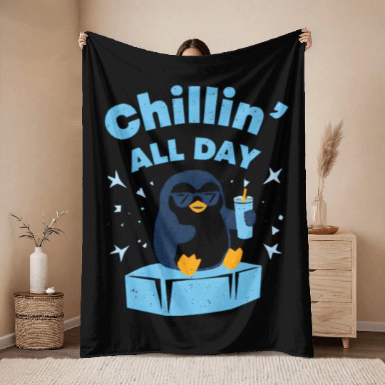 Chillin' Penguin with Sunset Drink Throw Blankets