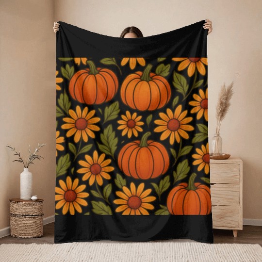 Autumn Pumpkin and Daisy Pattern Throw Blankets
