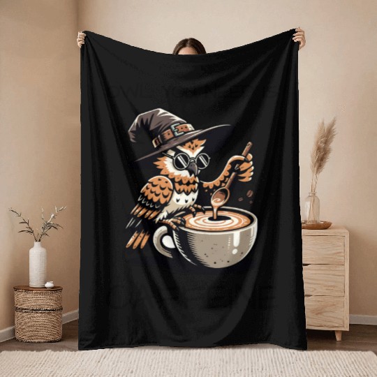 Whimsical Wizard Owl Coffee Design Throw Blankets