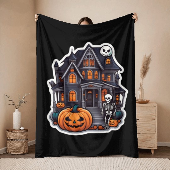 Haunted House Halloween Design Throw Blankets