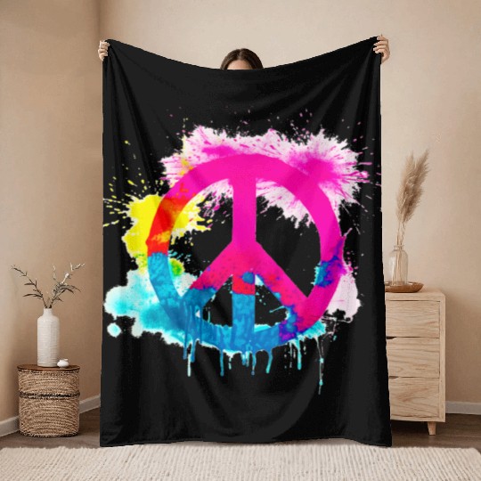 Peace sign neon colors groovy spray paint splatter Throw Blankets