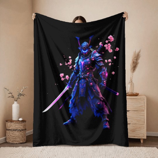 Neon Samurai Warrior Throw Blankets