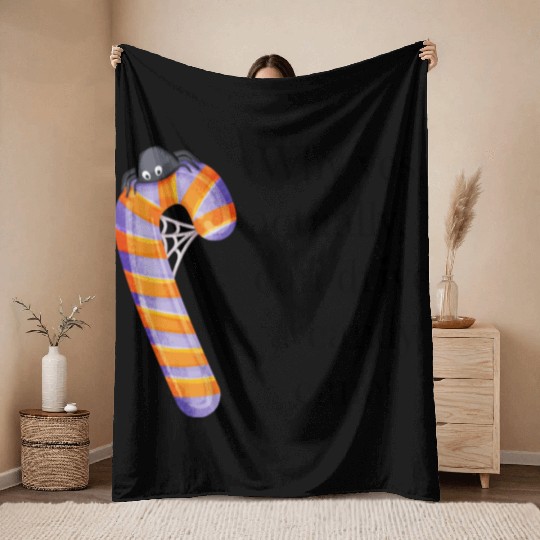 Funny Quote Halloween Candy Cane with Spider Throw Blankets