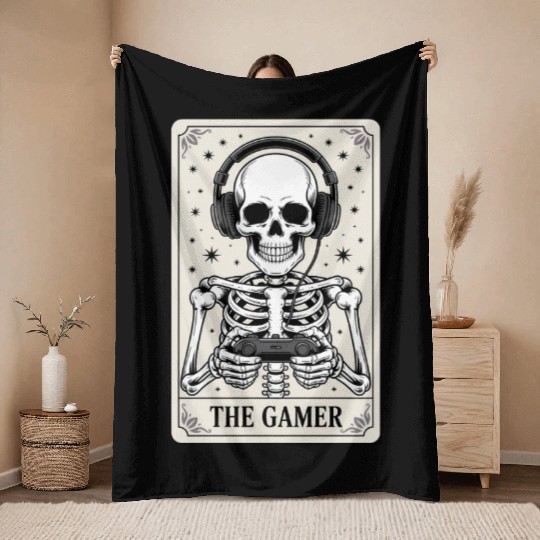 Tarot Card Skeleton Video Game Halloween Gamer Throw Blankets