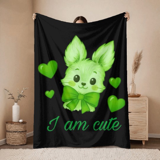 Cute Green Bunny with Bow – Kawaii Animal Design Throw Blankets