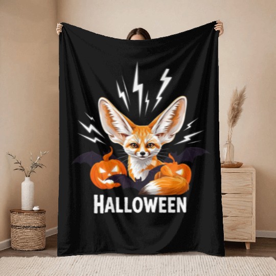 Whimsical Halloween Fox with Bat Wings Throw Blankets