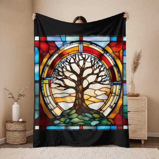 Stained Glass Tree of Life Artwork Throw Blankets