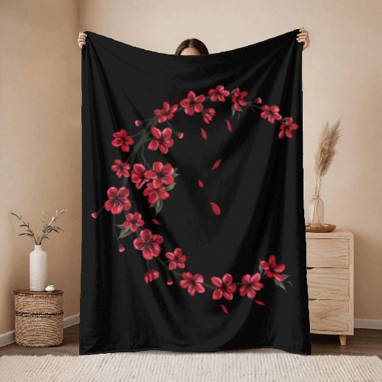 Red Moon Cherry Blossom Sakura Flower Design Throw Blankets
