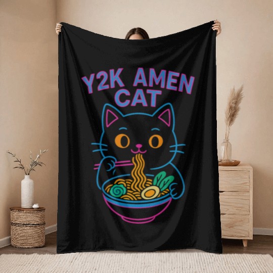 Y2K Ramen Cat – Retro Neon Anime Noodle Lover Desi Throw Blankets