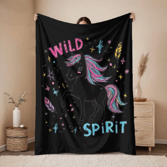 Colorful Wild Unicorn Spirit Design Throw Blankets