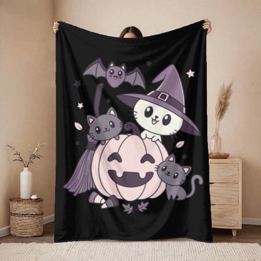 Halloween Kawaii Cat Pumpkin Ghosts Throw Blankets