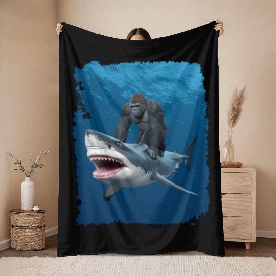 Funny Meme I Love Shark I Love Gorilla Weird Throw Blankets